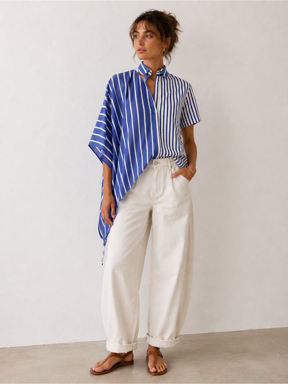 FACETASM ASYMMETRIC BLUE WHITE STRIPED CUTOUT COTTON POPLIN TOP SHIRT SZ M
